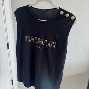 Balmain Black Muscle Tee with Gold Buttons